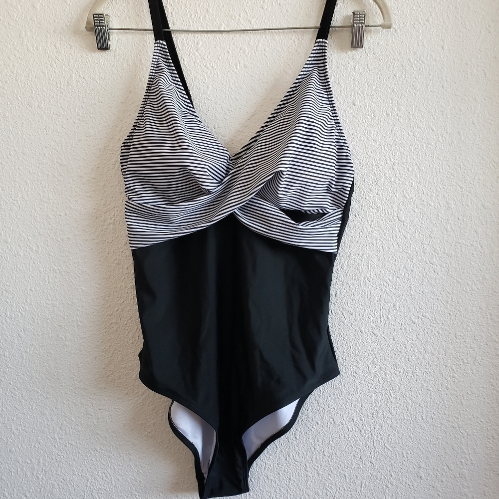 NWT B2prity Women One Piece BlackWhite Striped Top Swimsuit